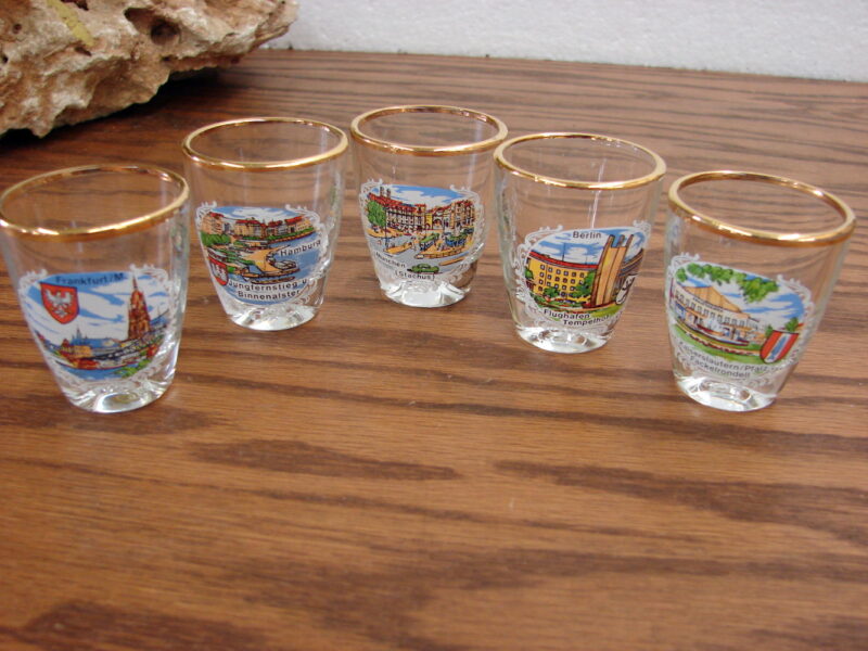 Vintage MCM Gold Trim Souvenir German Scene Cities Shot Glass Set/5, Moose-R-Us.Com Log Cabin Decor