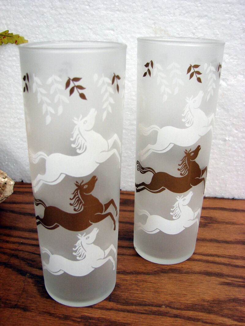 Vintage Libbey Caval Cade Set/2 Gold Horse Trio White Accents Tumbler Glasses, Moose-R-Us.Com Log Cabin Decor