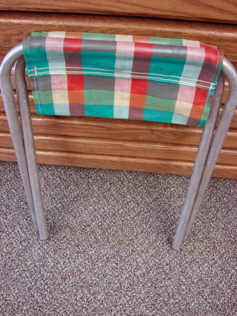 Vintage Fold-up Plaid Mesh Camp Stool Retro Camping Folding Chair, Moose-R-Us.Com Log Cabin Decor