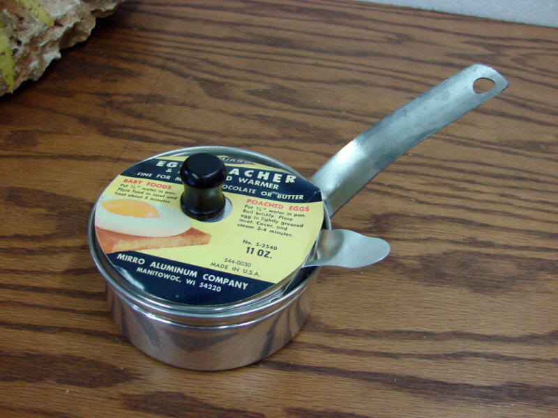 Vintage Mirro Aluminum Single Egg Poacher Baby Food Warmer S-2540 Label, Moose-R-Us.Com Log Cabin Decor