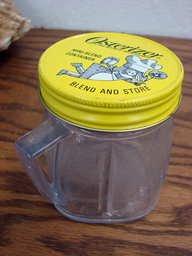 Vintage Osterizer 3 3/4&#8243; Mini Blend &#038; Store 8 oz Plastic Container Metal Lid, Moose-R-Us.Com Log Cabin Decor