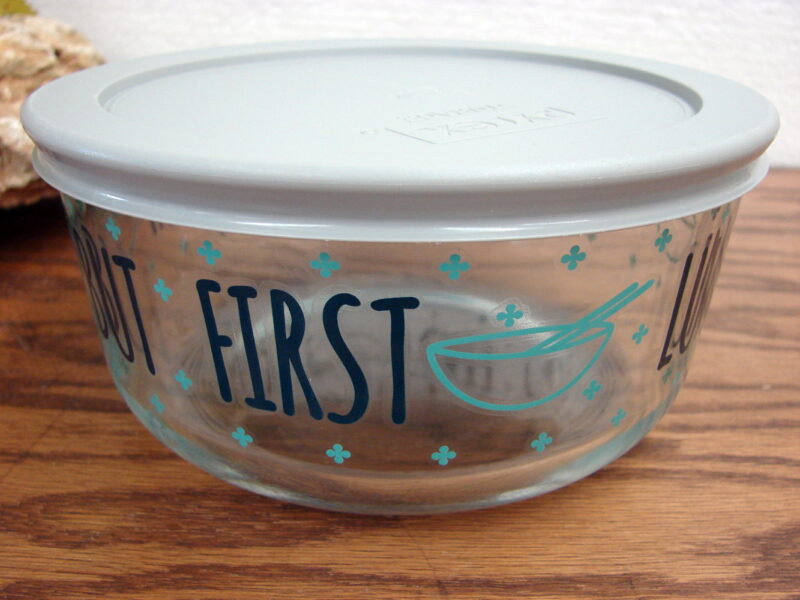 Newer Pyrex #7201 But First Lunch Decorated Storage Sealed Lid 1 Qt, Moose-R-Us.Com Log Cabin Decor