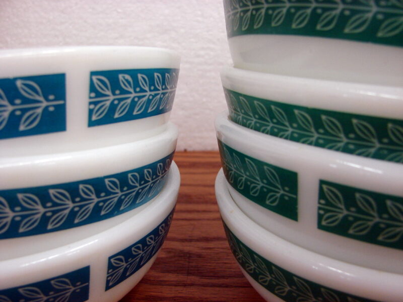 Vintage PYREX Blue Green Laurel Leaf Stripe Tableware Plates Bowls, Moose-R-Us.Com Log Cabin Decor