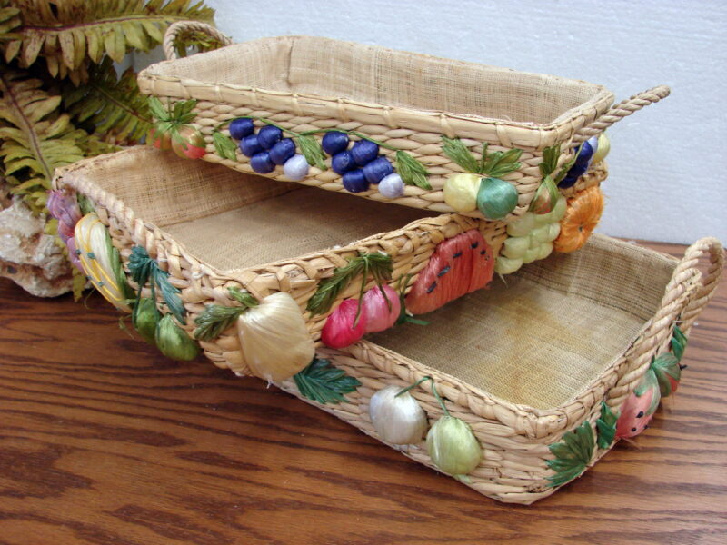 Vintage PYREX Straw Raffia Fruit Themed Woven Lined Serving Basket, Moose-R-Us.Com Log Cabin Decor