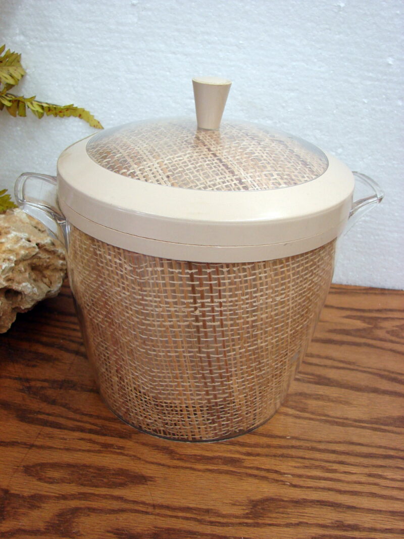 Vintage MCM Insulated Burlap Raffia Ware Ice Bucket Boho, Moose-R-Us.Com Log Cabin Decor