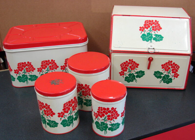 Vintage MCM National Can Tin Bread Box Pie Safe Canister Set Red Geranium, Moose-R-Us.Com Log Cabin Decor