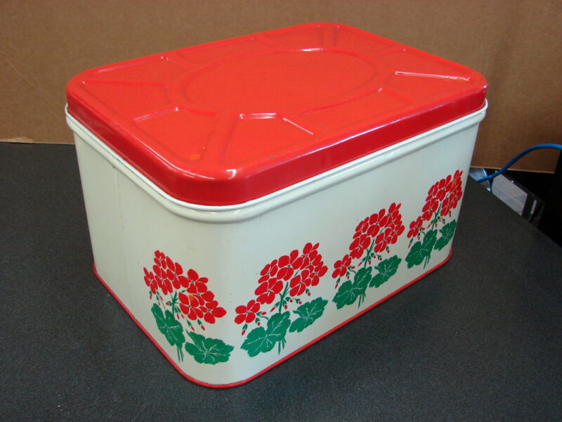 Vintage MCM National Can Tin Bread Box Pie Safe Canister Set Red Geranium, Moose-R-Us.Com Log Cabin Decor