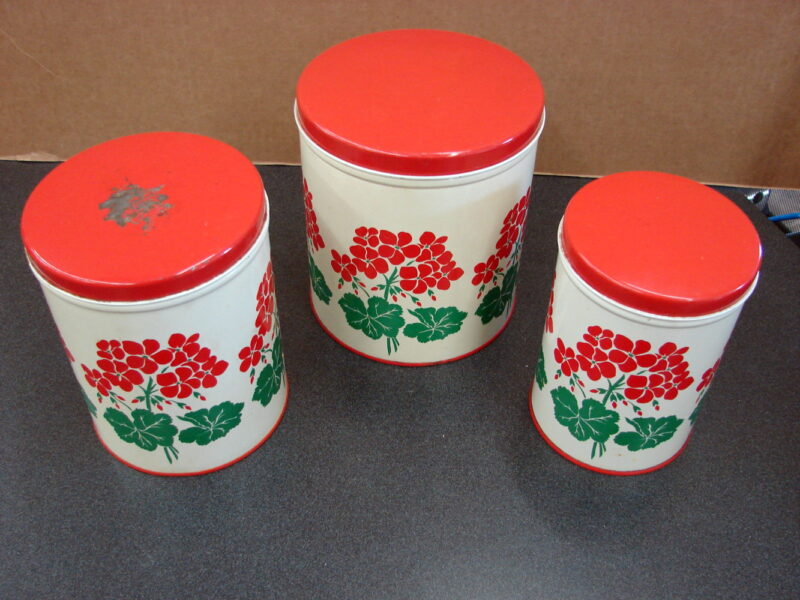 Vintage MCM National Can Tin Bread Box Pie Safe Canister Set Red Geranium, Moose-R-Us.Com Log Cabin Decor