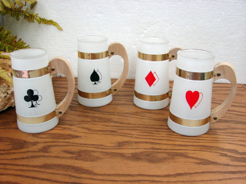 Siesta Ware Steins Beverage Mugs Card Suits Poker Game Party Set/4, Moose-R-Us.Com Log Cabin Decor