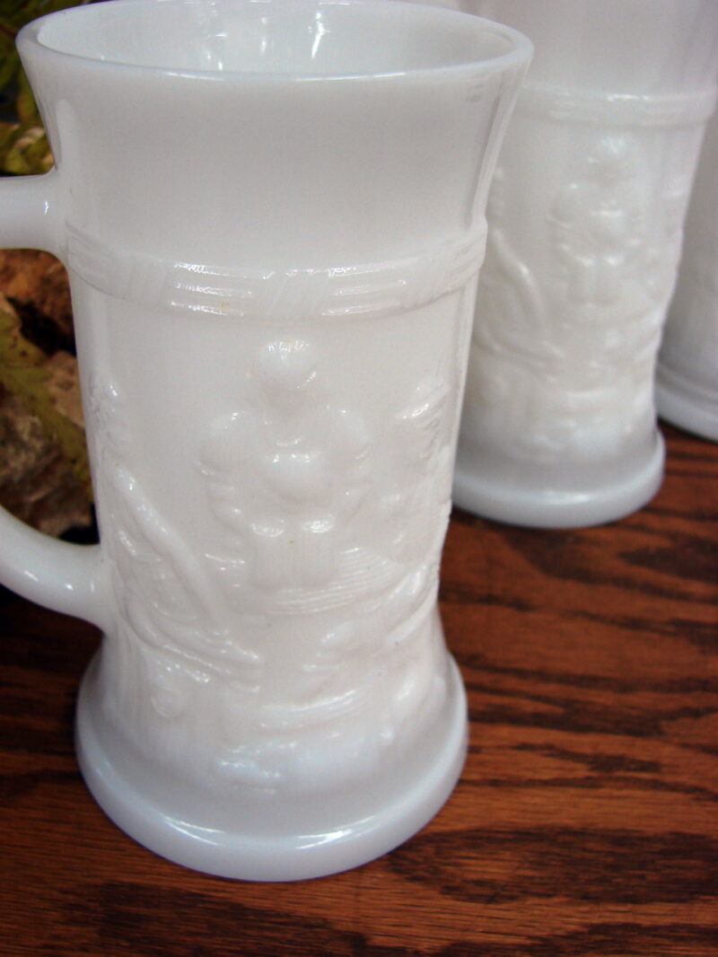 Vintage Federal Glass Milk Glass Tavern Scene Stein Set/6, Moose-R-Us.Com Log Cabin Decor