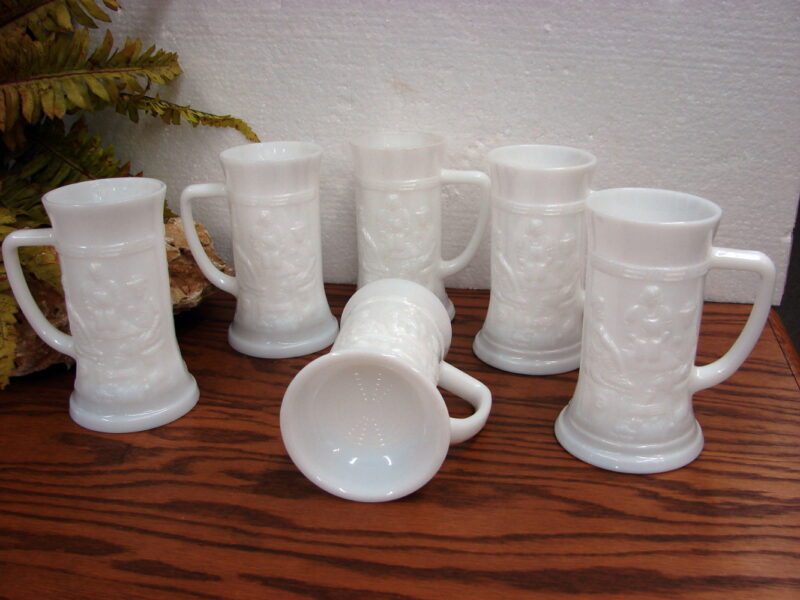 Vintage Federal Glass Milk Glass Tavern Scene Stein Set/6, Moose-R-Us.Com Log Cabin Decor