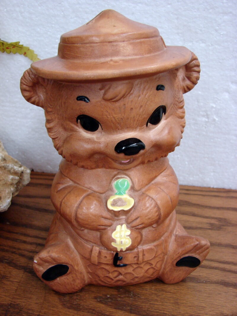 Vintage 1960&#8217;s Pottery Twin Winton Smokey Ranger Bear Bank, Moose-R-Us.Com Log Cabin Decor