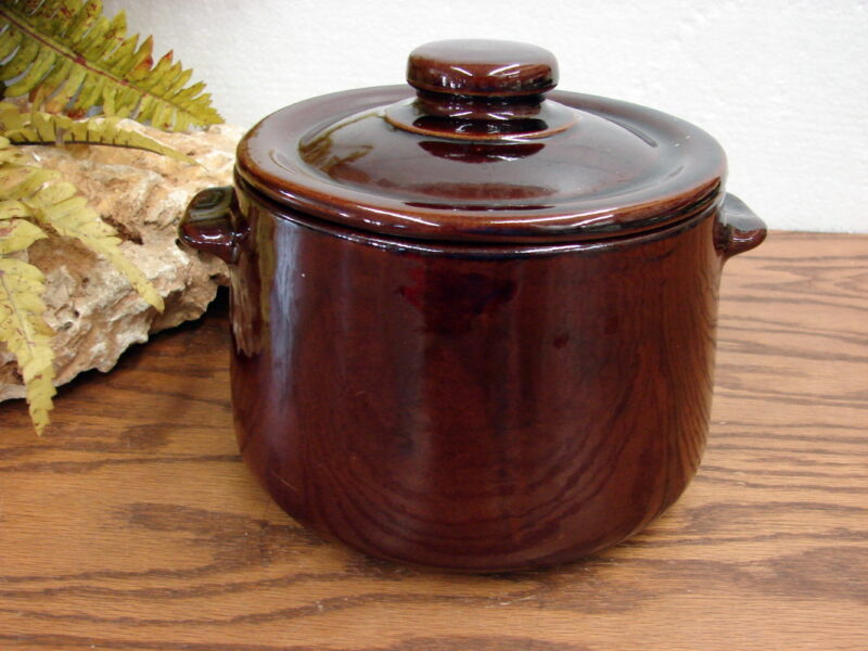 Vintage Stoneware Brown Albany Slip Glaze Bean Pot w/ Lid USA, Moose-R-Us.Com Log Cabin Decor