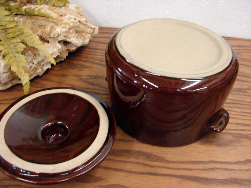 Vintage Stoneware Brown Albany Slip Glaze Bean Pot w/ Lid USA, Moose-R-Us.Com Log Cabin Decor