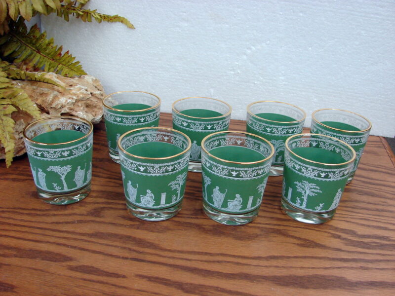 Vintage Jeanette Hellenic Green Gold Wedgewood Old Fashion Glasses Set/8, Moose-R-Us.Com Log Cabin Decor