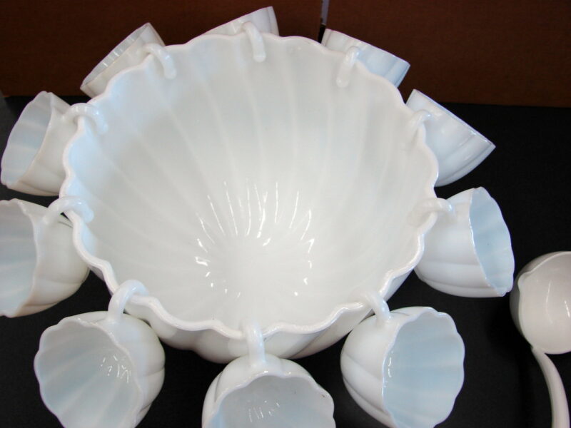 Vintage Hazel Atlas Alpine White Milk Glass Swirl Punch Bowl Cups Ladle, Moose-R-Us.Com Log Cabin Decor