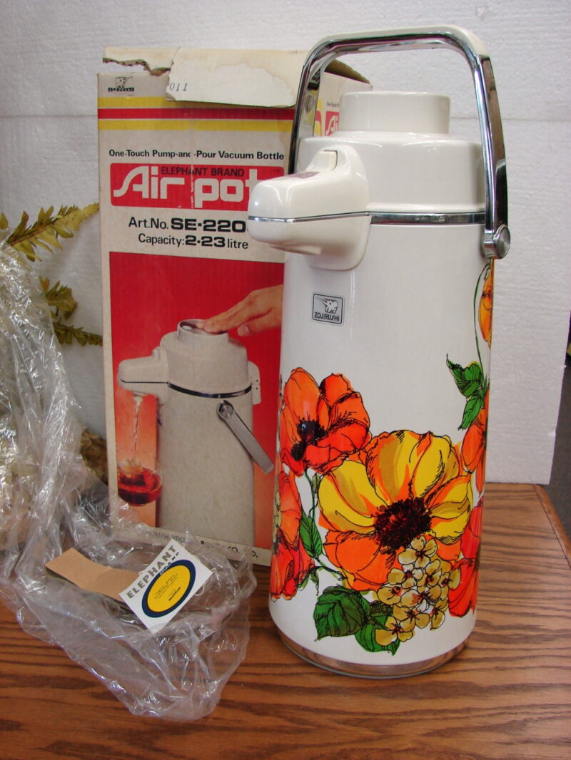 Vintage Zojirushi Vacuum Bottle Air Pot Pump Coffee Server Retro Flower Power NIB, Moose-R-Us.Com Log Cabin Decor