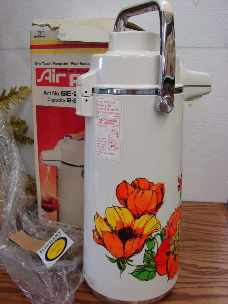Vintage Zojirushi Vacuum Bottle Air Pot Pump Coffee Server Retro Flower Power NIB, Moose-R-Us.Com Log Cabin Decor