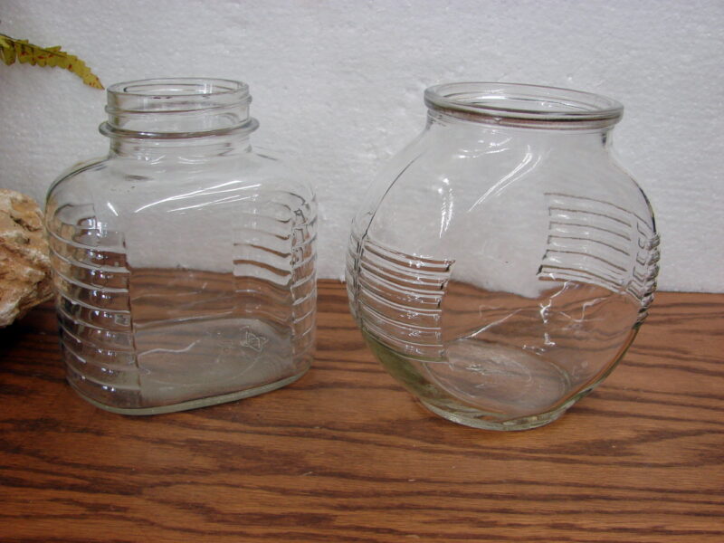 Two Vintage Clear Glass Ribbed Textured Coffee Tea Sellers Cabinet Hoosier Jar Marked, Moose-R-Us.Com Log Cabin Decor