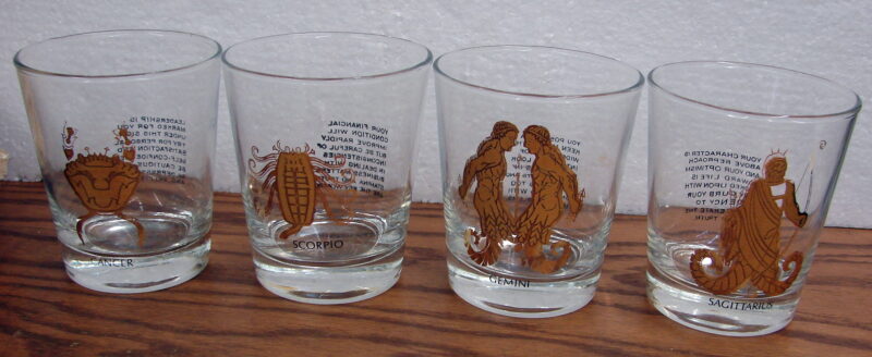 Vintage Gold Accent Zodiac Sign Old Fashioned Whiskey Rocks Glass Set/8, Moose-R-Us.Com Log Cabin Decor