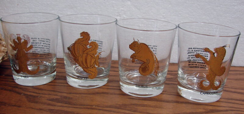 Vintage Gold Accent Zodiac Sign Old Fashioned Whiskey Rocks Glass Set/8, Moose-R-Us.Com Log Cabin Decor