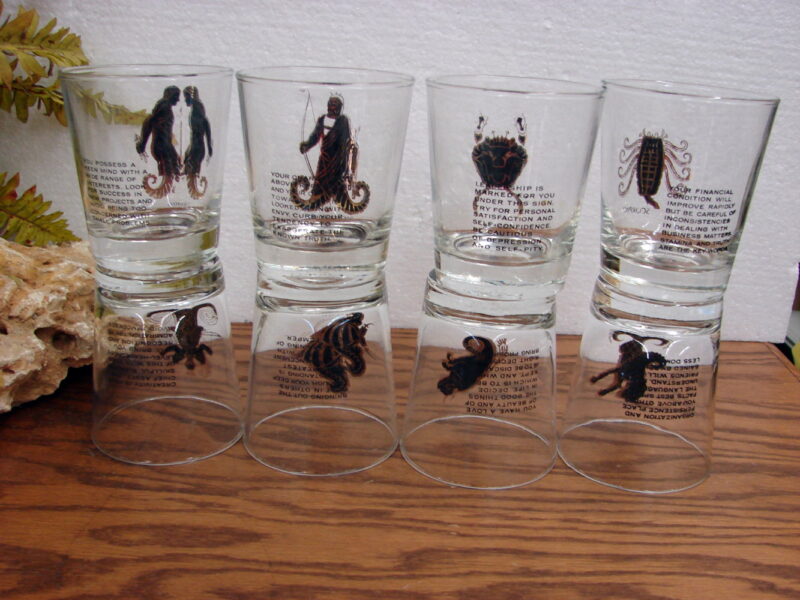 Vintage Gold Accent Zodiac Sign Old Fashioned Whiskey Rocks Glass Set/8, Moose-R-Us.Com Log Cabin Decor