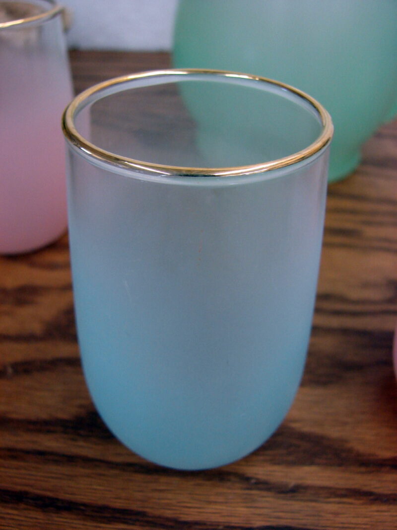 Vintage MCM Blendo West VA Pitcher Juice Glass Set Gold Trim Pastels, Moose-R-Us.Com Log Cabin Decor