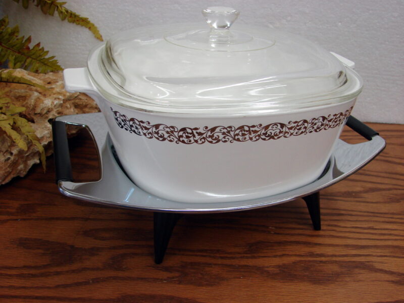 Vintage Corning Ware Pyrex Platinum Filigree 2 1/2 Qt Caserole w/ Warmer, Moose-R-Us.Com Log Cabin Decor