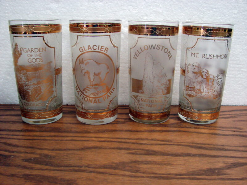 Vintage Culver Gold Souvenir National Parks 22kt Gold Marked Set/4, Moose-R-Us.Com Log Cabin Decor