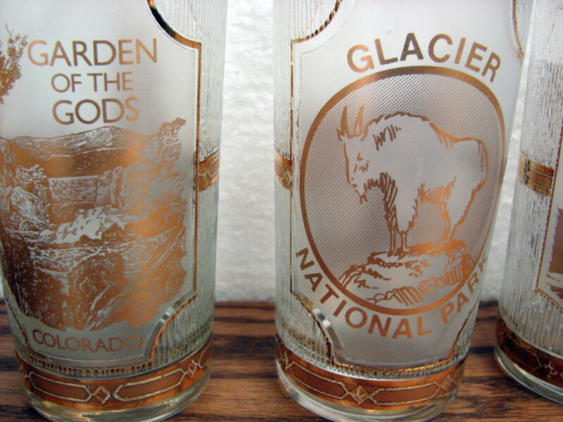 Vintage Culver Gold Souvenir National Parks 22kt Gold Marked Set/4, Moose-R-Us.Com Log Cabin Decor