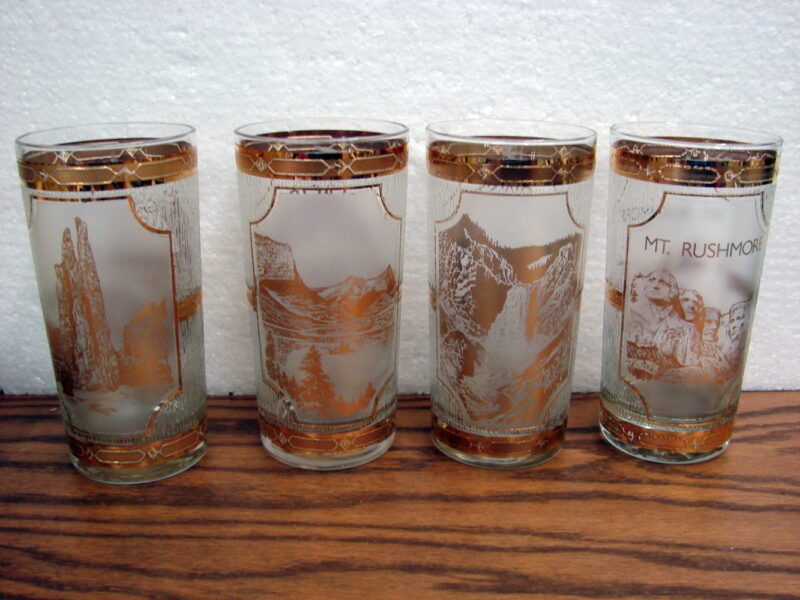 Vintage Culver Gold Souvenir National Parks 22kt Gold Marked Set/4, Moose-R-Us.Com Log Cabin Decor