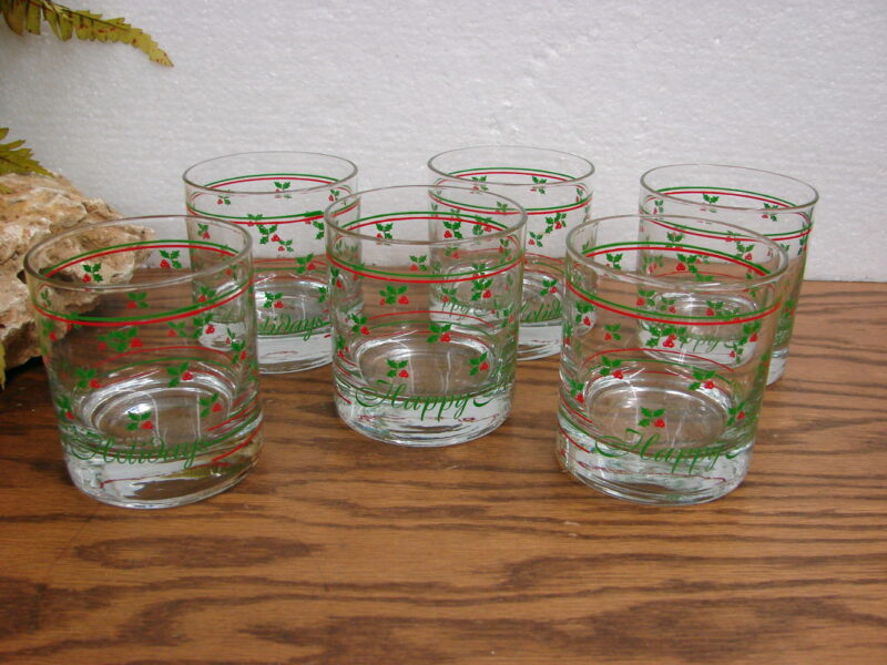 Vintage Happy Holidays Holly Berry On the Rocks Whiskey Glasses Set/6, Moose-R-Us.Com Log Cabin Decor