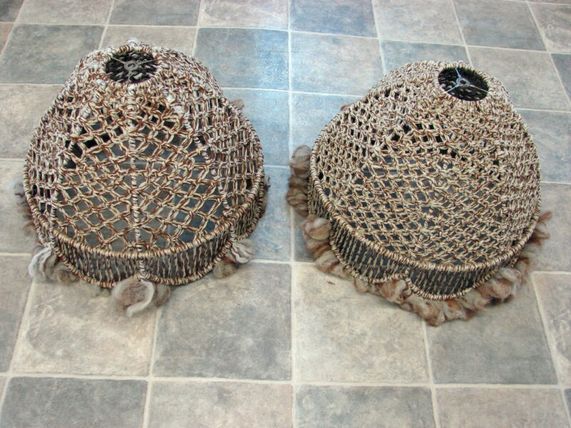 Vintage Set/2 1970&#8217;s Hippie Boho Macrame Floor Lamp Shade Neutral Tan Brown, Moose-R-Us.Com Log Cabin Decor