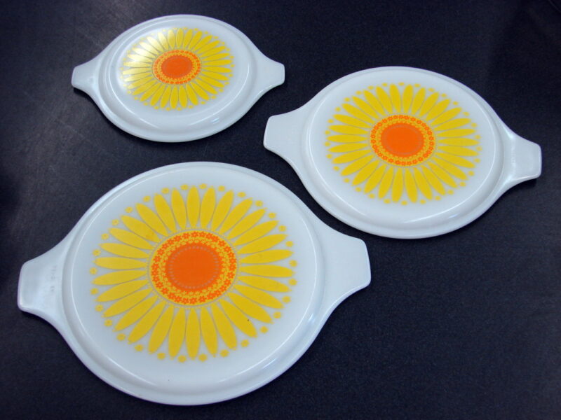 Vintage PYREX Bright Orange Yellow Daisy Sunflower Lid For Round Casserole, Moose-R-Us.Com Log Cabin Decor