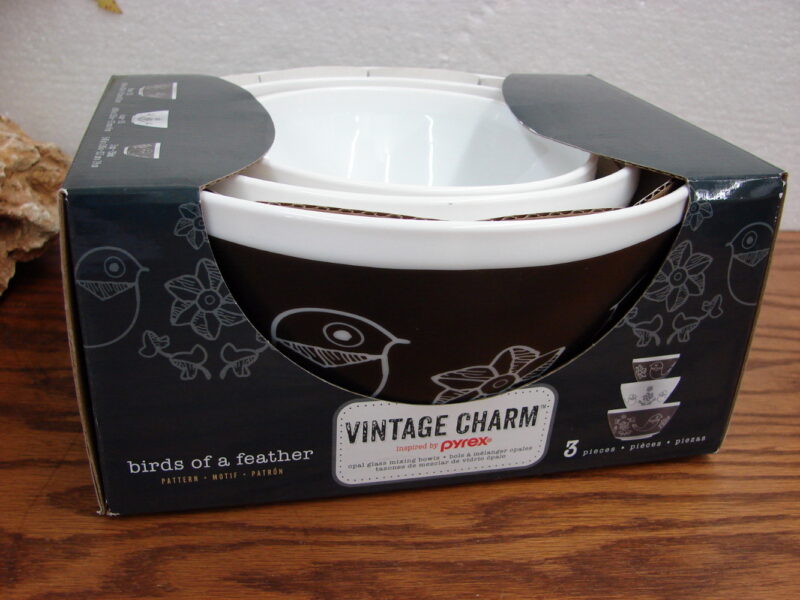 Vintage Charm Inspired PYREX Black White Birds of a Feather Bowls Set/3 NIB, Moose-R-Us.Com Log Cabin Decor