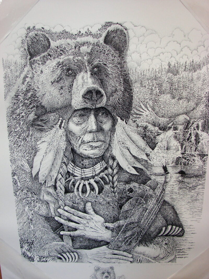 Heart Grizzly Vision Thunder Set Pencil Drawing Native American Indian Harris Prints, Moose-R-Us.Com Log Cabin Decor