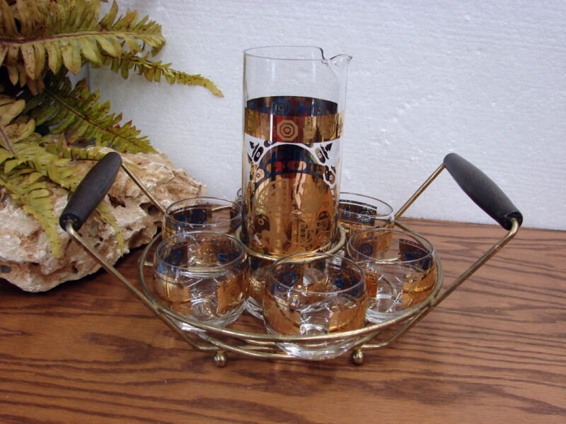 Vintage 22kt Gold Vito Bari Roly Poly Glasses Pitcher Set Caddy Carrier, Moose-R-Us.Com Log Cabin Decor