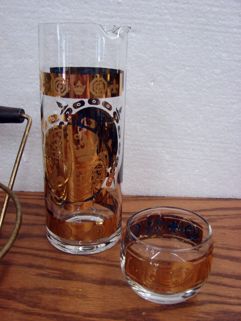 Vintage 22kt Gold Vito Bari Roly Poly Glasses Pitcher Set Caddy Carrier, Moose-R-Us.Com Log Cabin Decor