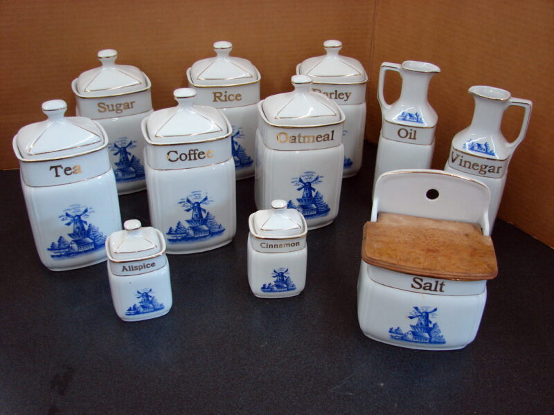 Vintage Gold Trim Bavaria Windmill Canister Set Porcelain Kitchen Salt Box Oil Vinegar, Moose-R-Us.Com Log Cabin Decor