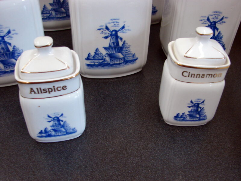 Vintage Gold Trim Bavaria Windmill Canister Set Porcelain Kitchen Salt Box Oil Vinegar, Moose-R-Us.Com Log Cabin Decor