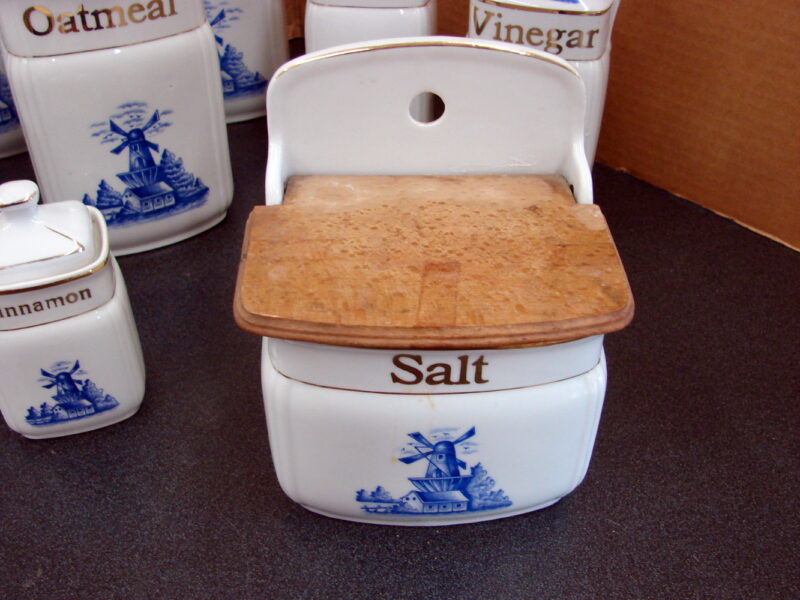 Vintage Gold Trim Bavaria Windmill Canister Set Porcelain Kitchen Salt Box Oil Vinegar, Moose-R-Us.Com Log Cabin Decor