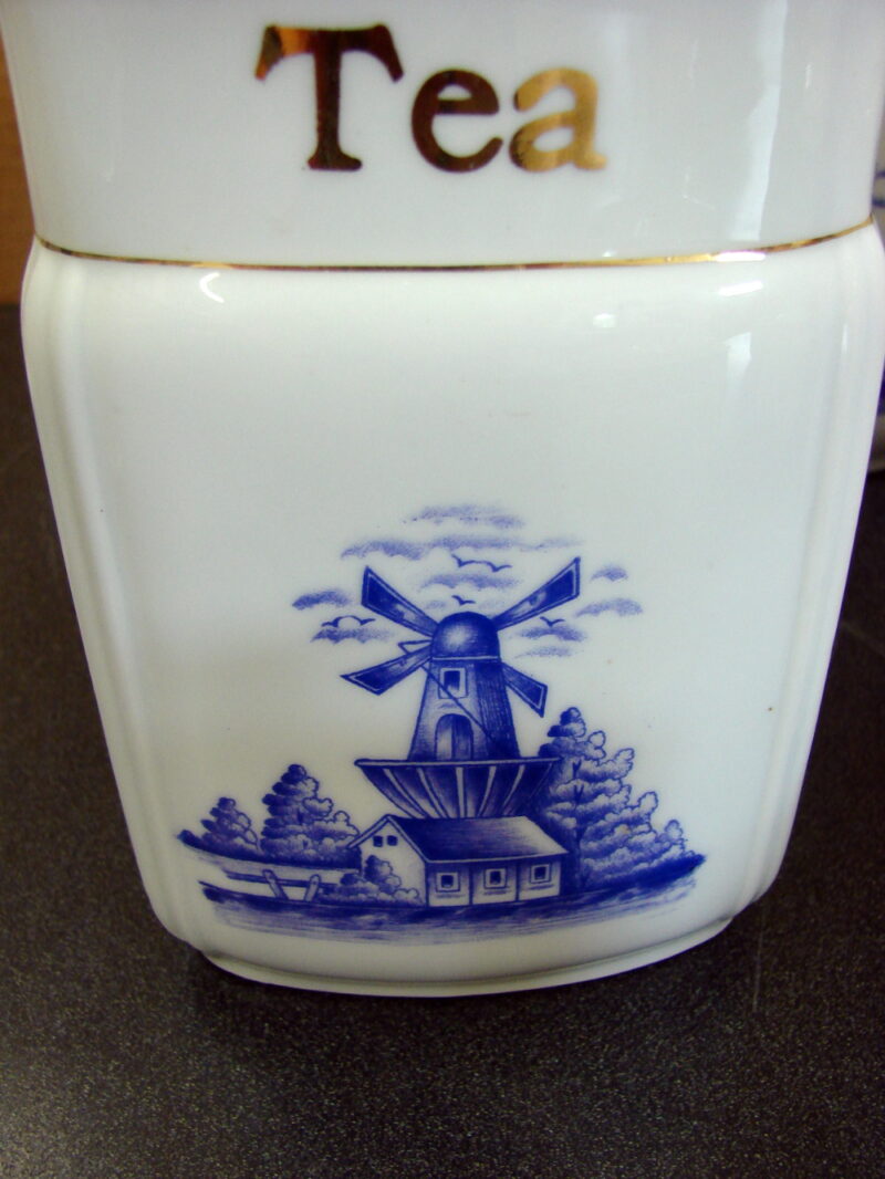 Vintage Gold Trim Bavaria Windmill Canister Set Porcelain Kitchen Salt Box Oil Vinegar, Moose-R-Us.Com Log Cabin Decor