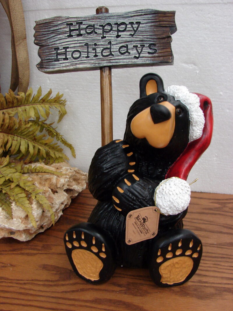 New Big Sky Carvers Bearfoot Bears Jeff Fleming Happy Holiday New Year Grand Bear Figurine, Moose-R-Us.Com Log Cabin Decor