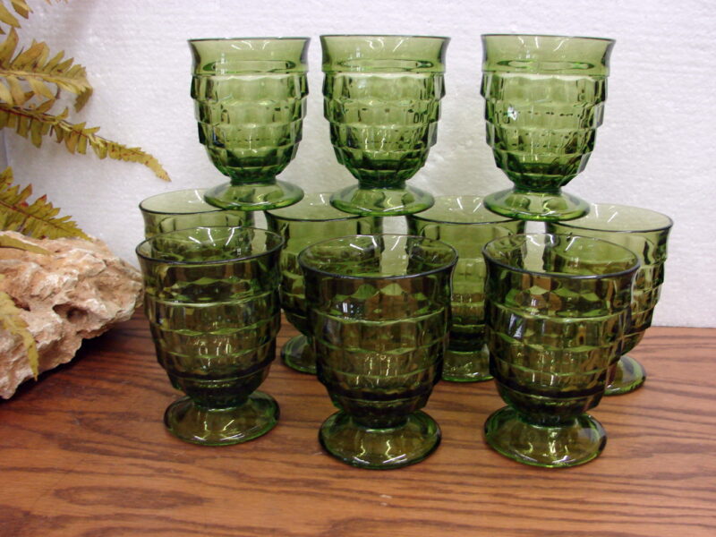 Vintage Cubist Colony Whitehall Green Avocado 9 oz Footed Tumbler Set/10, Moose-R-Us.Com Log Cabin Decor