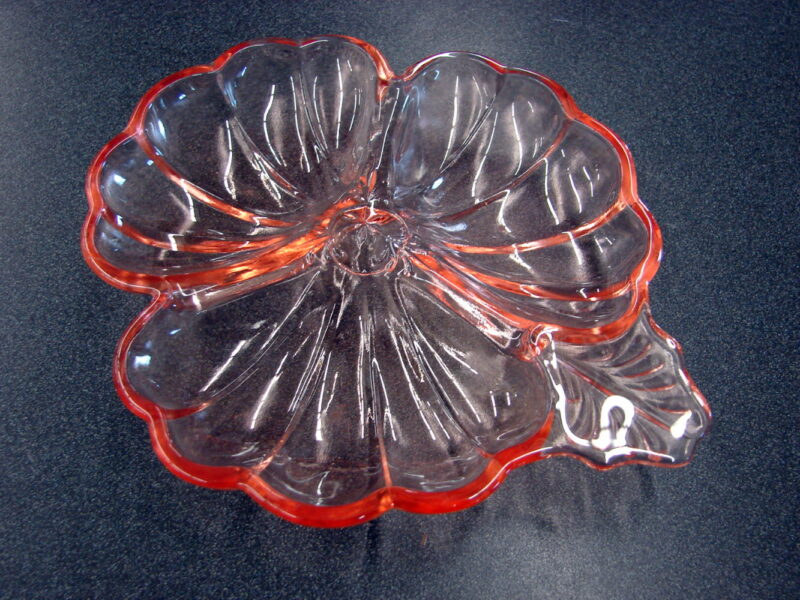 Vintage Jeannette Glass Doric Clover Divided Dish Pink Peach, Moose-R-Us.Com Log Cabin Decor