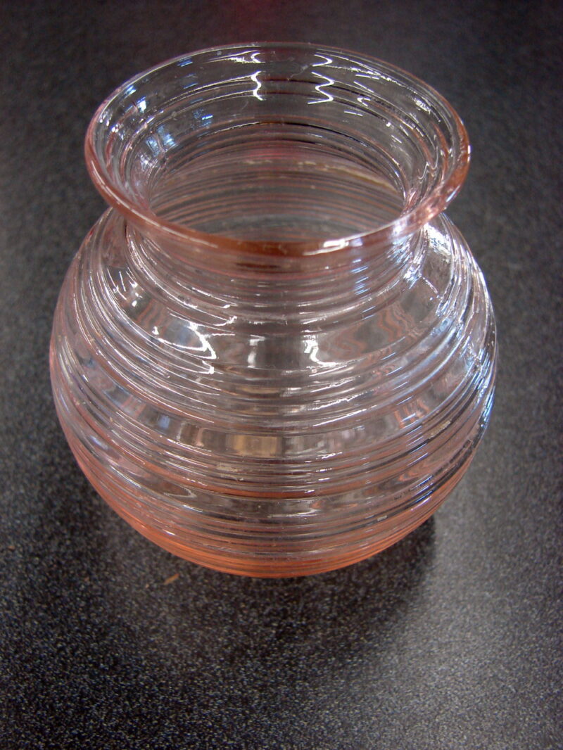 Vintage Ribbed Pink Peach Depression Glass Small Ribbed Bee Hive Vase, Moose-R-Us.Com Log Cabin Decor