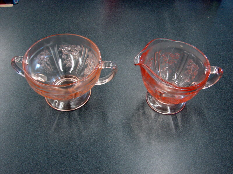 Vintage Sharon Cabbage Rose Pink Peach Depression Glass Cream and Sugar Set, Moose-R-Us.Com Log Cabin Decor