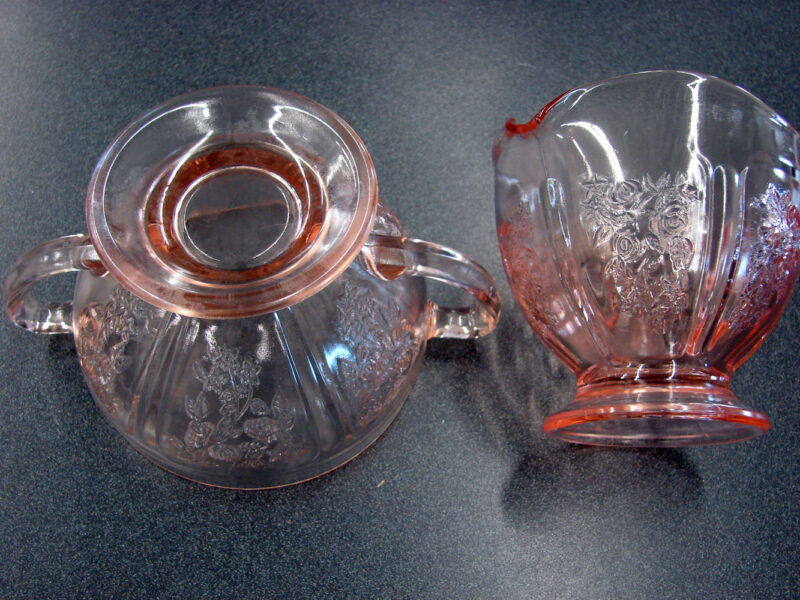 Vintage Sharon Cabbage Rose Pink Peach Depression Glass Cream and Sugar Set, Moose-R-Us.Com Log Cabin Decor