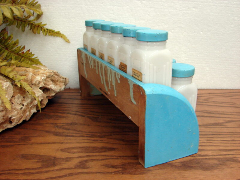 Vintage Art Deco White Milk Glass Set/12 Griffith Labeled Spice Jars and Rack, Moose-R-Us.Com Log Cabin Decor