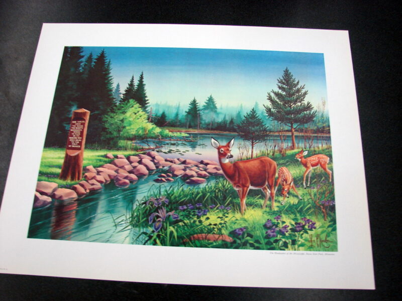 Original Headwaters of the Mississippi Vintage Les Kouba Print Old Vintage, Moose-R-Us.Com Log Cabin Decor